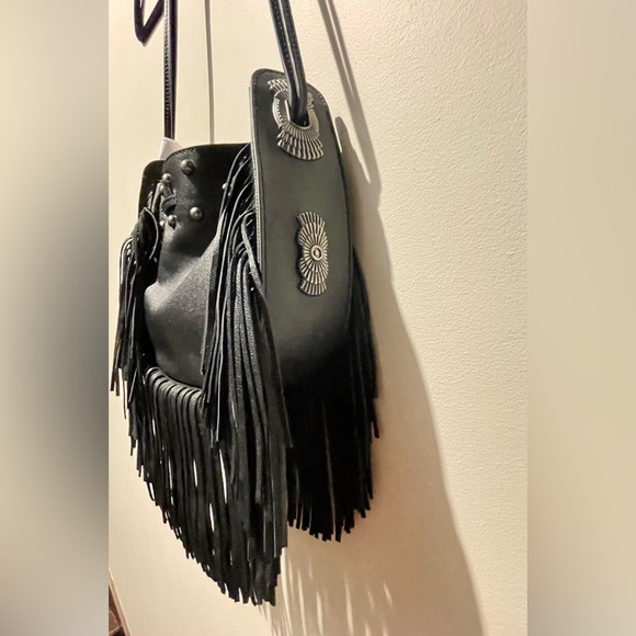 New Black Zara Fringed Leather Bucket Bag Metallic Stud Detail Limited Edition - Picture 2 of 7